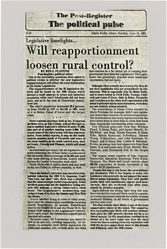 A newspaper article discussing the possible impacts of demographic shift in Idaho. Using the legislative redistricting as evidence for rural areas losing control, the author predicts that as the cities grow larger, the state will become more moderate.
