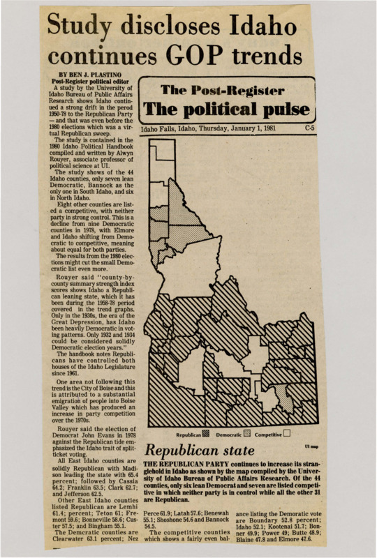 A newspaper article detailing the shifts in voting for Republicans. The author notes the decline of Democratic control in usually strong Demo counties. Map named "Republican state".