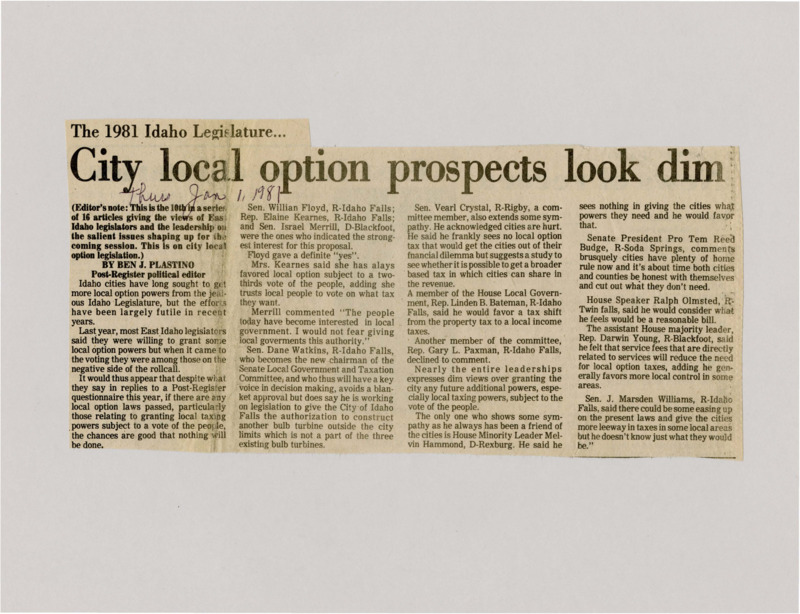 A newspaper article detailing the original support but sudden reversal of more options for local ordinance. The biggest issue is giving municipal governments the ability to pass taxes.