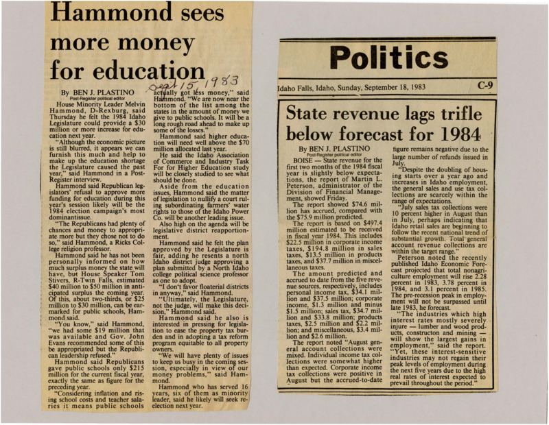 A newspaper article details Senator Melvin Hammonds' support for providing extra education funding to make up for previous cuts. Hammond also explains his position on many of the issues facing the session, such as property tax reform and redistricting woes.