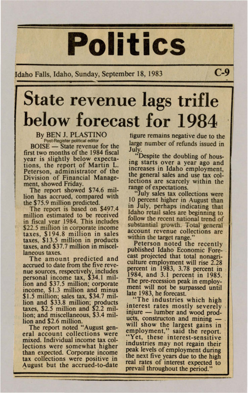 A newspaper article details the sources of tax revenue that are falling behind on collection, namely sales and miscellaneous taxes. The article also goes into employment growth and the impact of high interest rates on certain important Idaho industries.