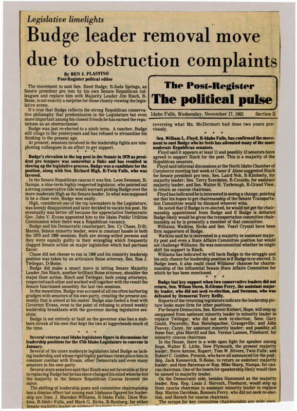 A newspaper article discussing the possible ousting of Senate Pro Tem Reed Budge, for his hard partisan stances slowing down congress. The article delves into the legislators who support Budge and the ones trying to replace him with Senator James Risch.