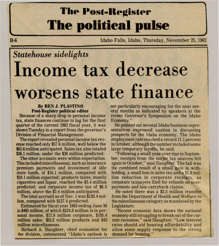 A newspaper article detailing the bad state of the economy through tax collection metrics, with reductions in both income and sales tax. The article also analyzes job numbers and the context of the national economy.