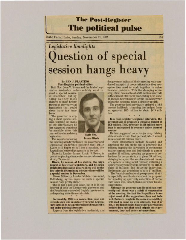 A newspaper article detailing the chances of a special December legislative session to tie in tax reform for the new year. While Governor Evans is in support of a special session Republican leadership is less enthusiastic about some of Governor Evans proposals. Image labeled "State Sen. James Risch"