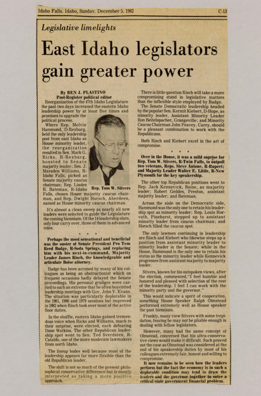A newspaper article detailing Eastern Idahoan legislators' rise in state leadership. Image labeled "Rep. Tom W. Stivers."