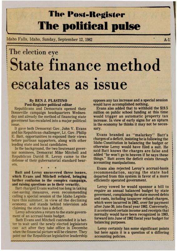 A newspaper article discussing the state financing fight between Governor Evans and certain Republican leaders, including several potential gubernatorial candidates.