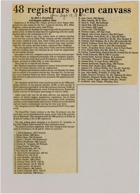 A newspaper article detailing the process to register to vote, the registrar's offices, and the requirements to vote. The article also lists all the races that will be voted on in the coming election.