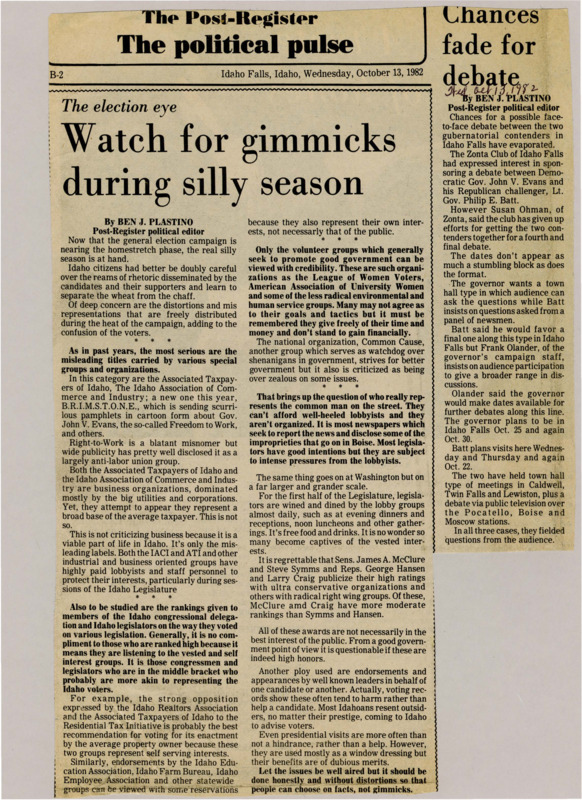 A newspaper article detailing an ill-fated possible debate between Governor Evans and Republican gubernatorial candidate Phillip E. Batt. The debate is likely not to happen because of disagreements on the format.