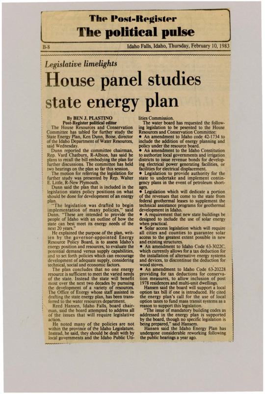 A newspaper article details the efforts of the energy panel and its search for multiple ways to reduce energy consumption and increase energy production. The article lists several of the policies being heard to increase the efficiency of the Idaho energy sector.