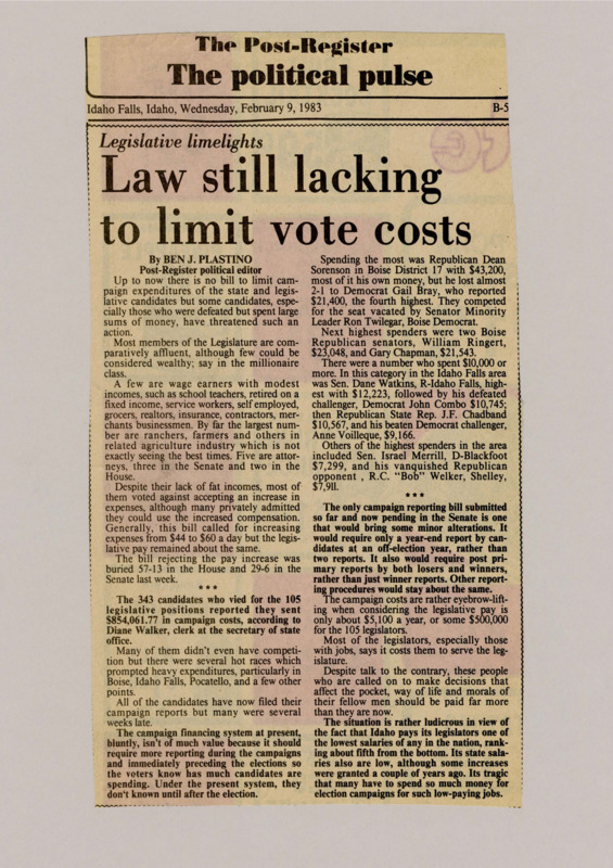 A newspaper article expressing the need for limits to campaign financing. The article analyzes the increasing costs for elections, relatively low wages for legislators, and the economic inability of certain candidates to dedicate so much money to elections.