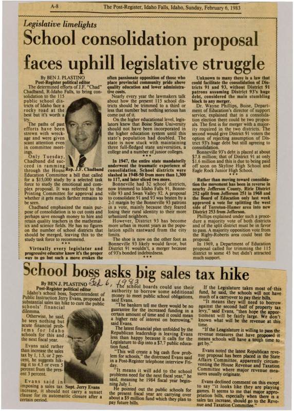 A newspaper article detailing the push by Rep J.F. Chadband to consolidate the 115 Idaho school districts into a third or less of that number. The article delves into some of the possible logistical and cultural hiccups that would interrupt the process. Image labeled "Rep. J.D. Chadband."