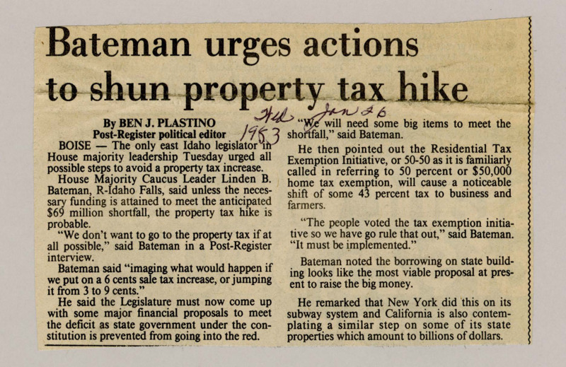 A newspaper article detailing Rep Linden Bateman's warning of the consequences of a property tax hike. As an alternative, to ensure the state has funds, Bateman suggests taking debt on state property.