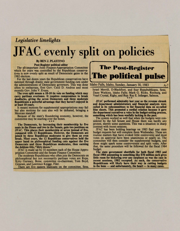 A newspaper article explaining the implications of the new party makeup of JFAC, making it much more split. The article then details the gridlock but also the compromise happening as a result of the new makeup.