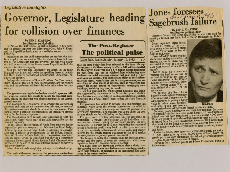 A newspaper article detailing the turmoil in the Idaho congress between Governor Evans and the Republican legislature. Evans seeks to resolve budget shortfalls by cutting the business tax relief and increasing sales tax while Republicans hold to securing more spending cuts. The legislature does not possess the supermajority necessary to override a veto so a compromise is needed.