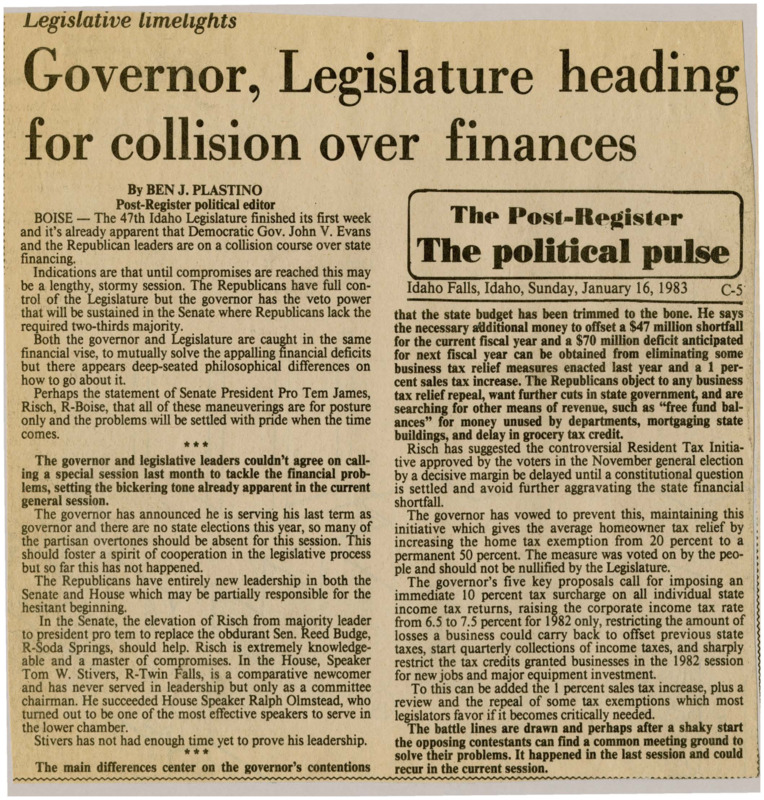 A newspaper article detailing the turmoil in the Idaho congress between Governor Evans and the Republican legislature. Evans seeks to resolve budget shortfalls by cutting the business tax relief and increasing sales tax while Republicans hold to securing more spending cuts. The legislature does not possess the supermajority necessary to override a veto so a compromise is needed.