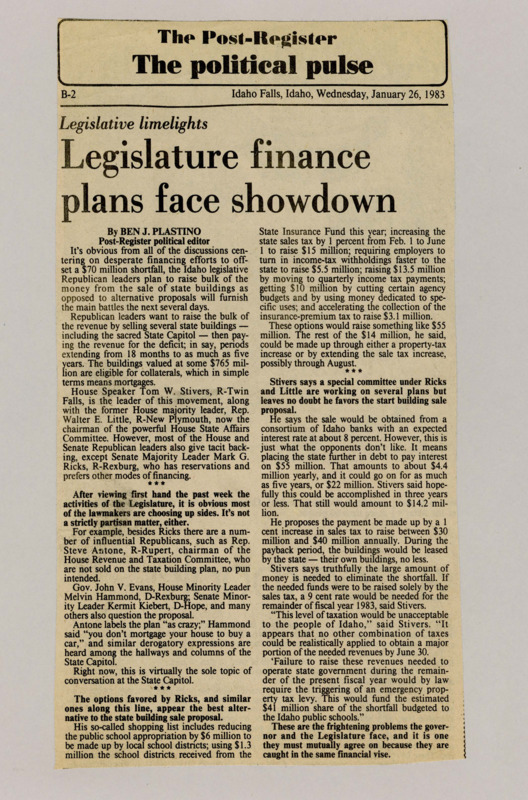 A newspaper article detailing the continued turmoil in the Idaho congress over the hotly debated 1983 deficit. Plastino said that even he saw the lines being formed around the mortgaging of state buildings proposal.