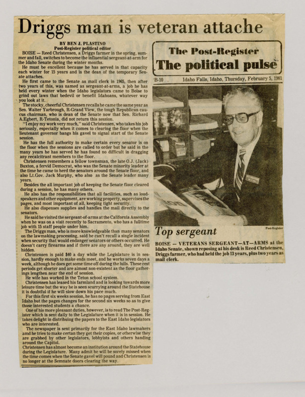 A newspaper article about a long serving sergeant at arms Reed Christiansen. The article describes his daily duties in the senate, his personal views on the job, and some information of his non-senate related activities. Image labeled "Top sergeant."