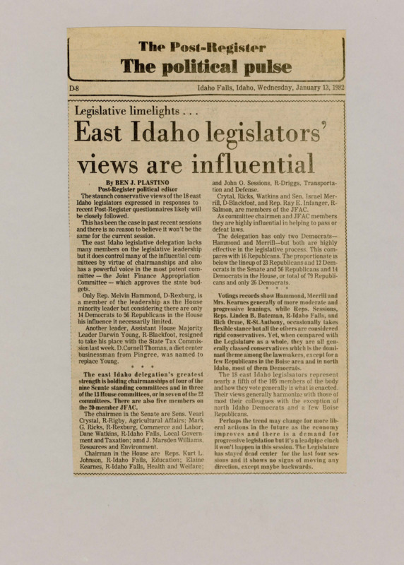 A newspaper article describing the positions Eastern Idaho legislators hold in Congress such as influential committees and party positions. There's also details of the ideological makeup of Eastern Idaho delegates and the Idaho Congress in general.