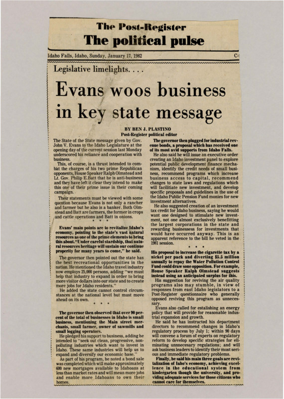 A newspaper article detailing the governors speech about the economy and helping businesses and industries in Idaho. Evans touched on expanding the tourism industry and support for small businesses.