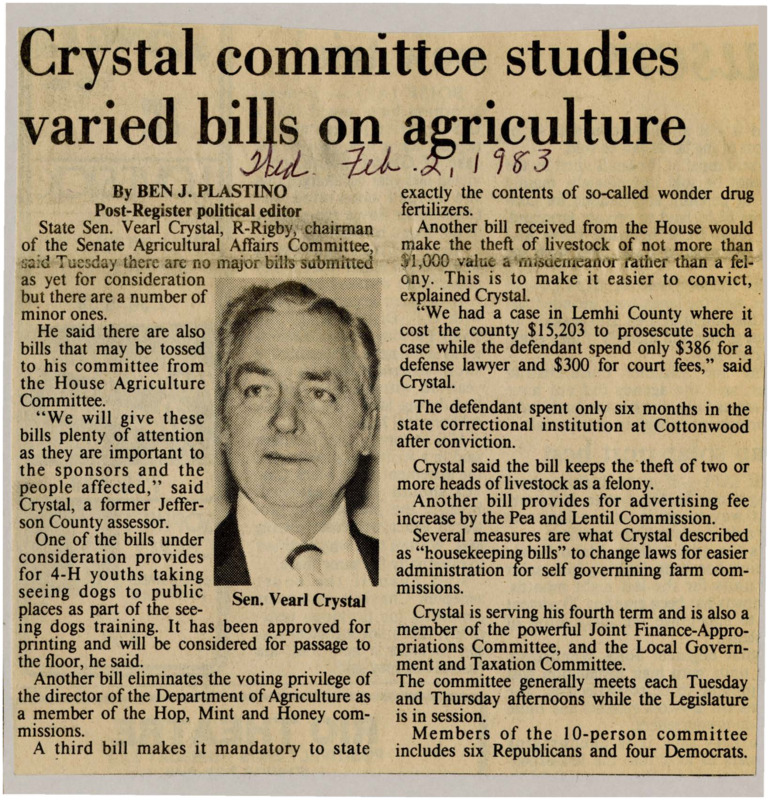 A newspaper article discusses Senator Vearl Crystal's summary of the work that the Agriculture committee will be discussing. One of these bills is to reform the punishment for stealing cattle. Image labeled "Sen. Vearl Crystal."