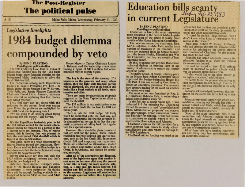 A newspaper article discussing the veto of the 1984 budget bill by governor Evans. It then discusses whether the solution to the deficit is cutting spending or raising revenue.