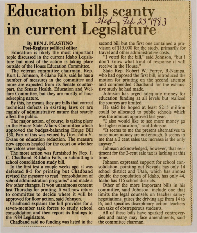 A newspaper article discussing the prospects of the 1984 education funding part of the bill vetoed by governor Evans. It details the push for school district consolidation as well as a possible state income tax increase.