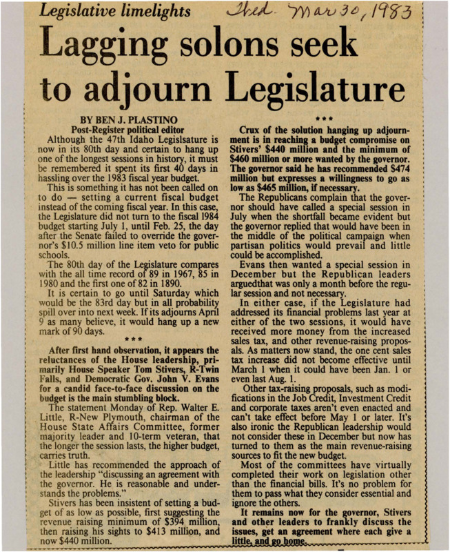 A newspaper article discussing an incredibly long legislative session to resolve budget issues with the 1983 budget bill. The fighting centers on cuts and arguments between the governor and legislators over when they should've actually discussed this.