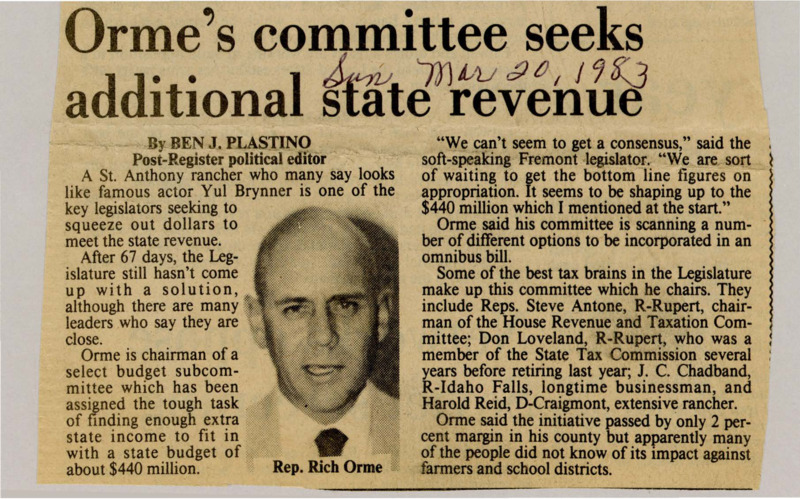 A newspaper article detailing rep Rich Orme's subcommittee, which has been tasked with finding alternative sources of funding to meet budget short falls. Image labeled "Rep. Rich Orme."