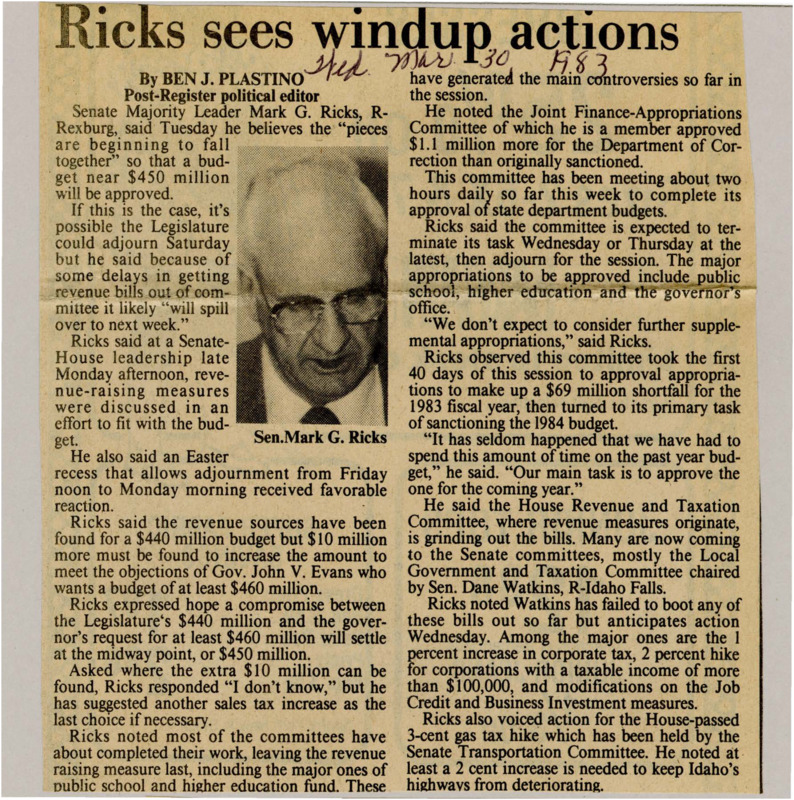 A newspaper article discussing Senator Mark Rick's hope for a compromise on the 1984 budget bill from the legislators' demands and the governors. Image labeled "Sen. Mark Ricks"