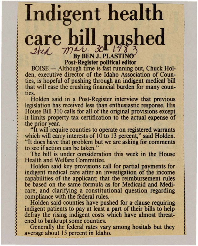 A newspaper article explaining the possible reforms in 'indigent' health care viability to ease counties' finance pressure.