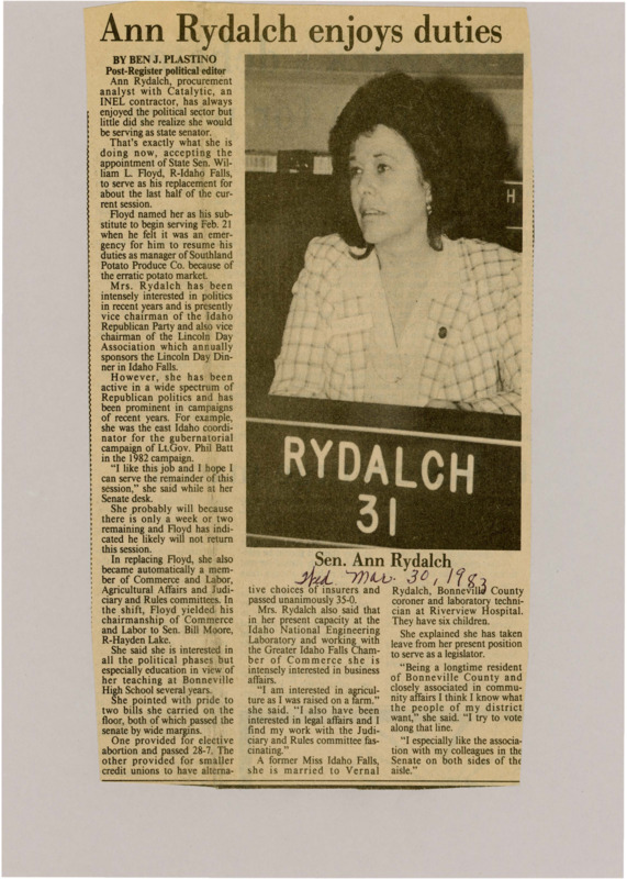 A newspaper article detailing state senator Ann Rydalch appointed to replace William Floyd. The article analyzes her political history and current activities in the legislature. Image labeled Sen. Ann Rydalch."