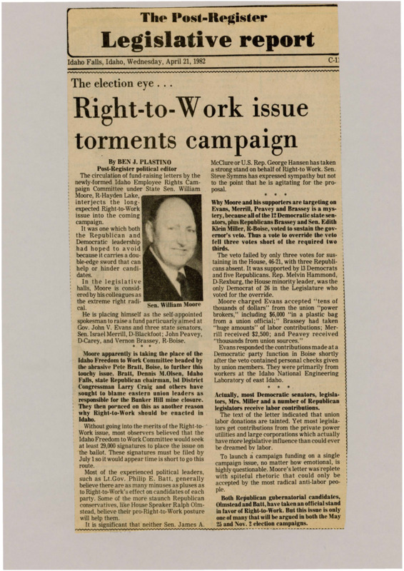 A newspaper article details the formation of a political campaign to push Right-to-work legislation in Congress. The article questions the idea of a single-issue campaign and not targeting the easiest legislators to override the veto. Image labeled "Sen. William Moore."