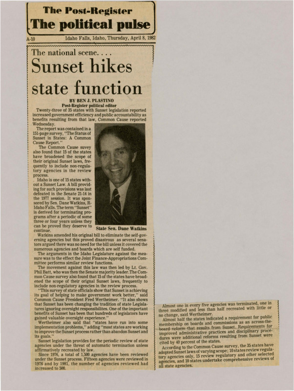 A newspaper article discussing the recent push for 'sunset' laws gathering popularity nationally. The bill is facing pushback for its perceived redundant because of JFAC's duties. Image labeled "State Sen. Dane Watkins."