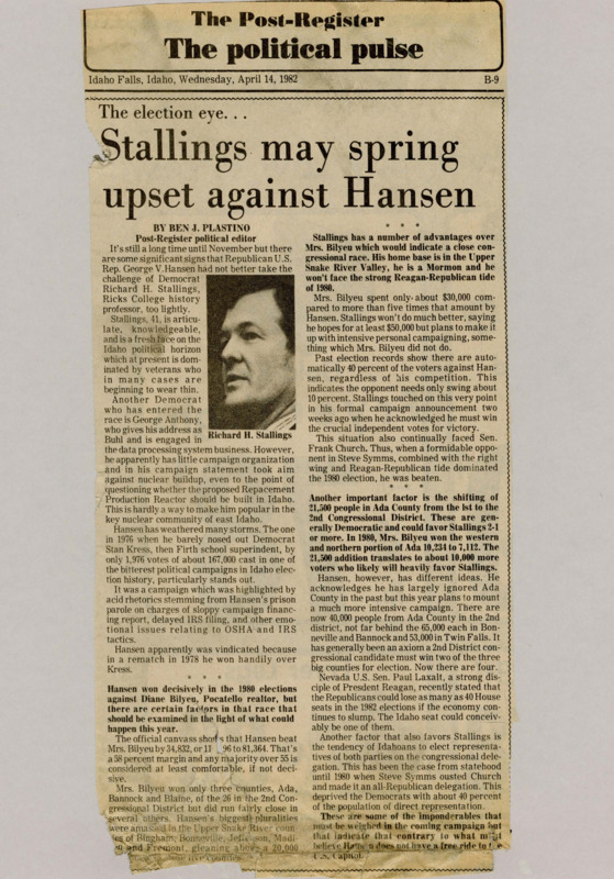 A newspaper article discussing the Democratic challengers to Senator Hansens seat. The article details the two candidates background, and population shifts that may help the challengers favor. Image labeled "Richard H. Stallings."