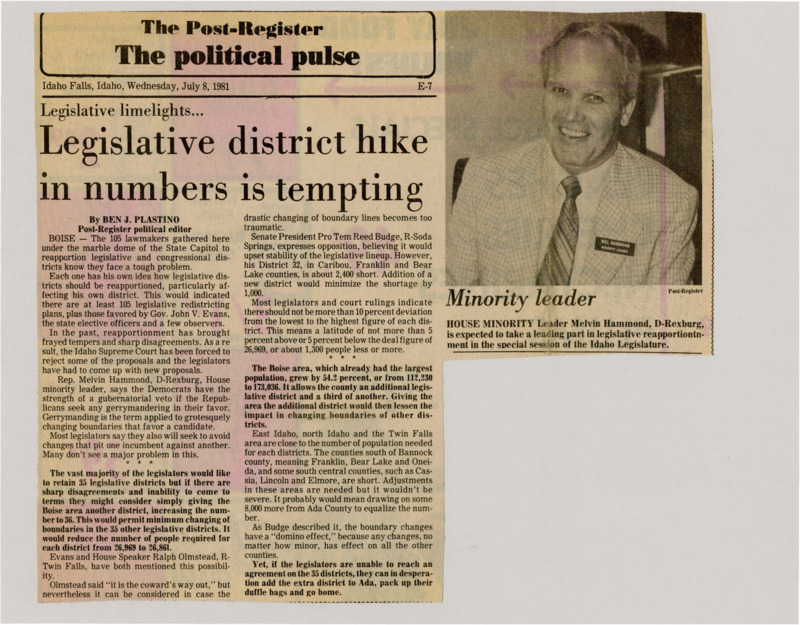 A newspaper article discussing the legislatures possible solution to the redistricting fight. Despite not being a desirable decision Republicans pondered adding another district to Boise stopping much of the redistricting issues. Image labeled "Minority Leader."