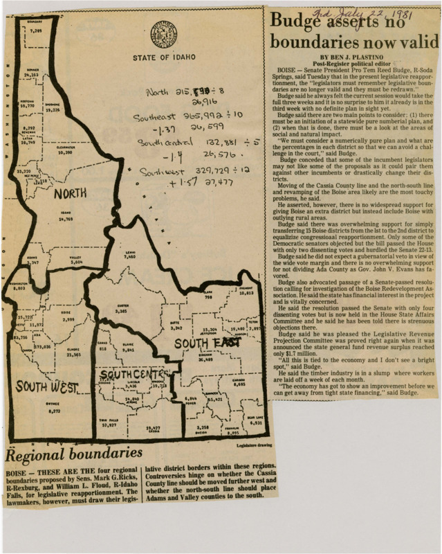 A newspaper article detailing Senator Reed Budge's comments on the redistricting battle. Budge describes his perfect districts and the importance of focusing back on the state economy and finances. Map labeled "Regional boundaries."