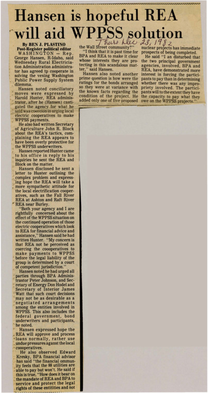 A newspaper article detailing Rep. Hansen's pushing of the REA to help local communities being coerced by the WPPSS.