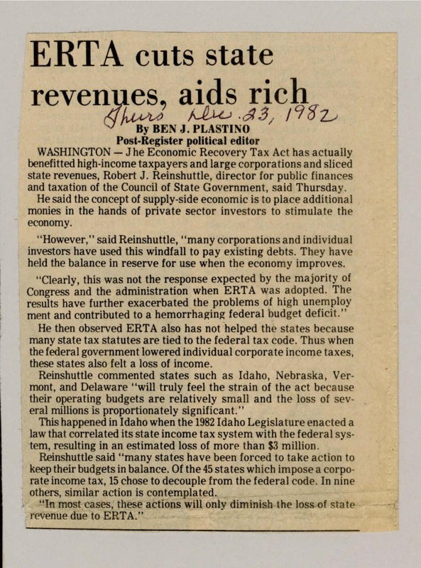 A newspaper article discussing the director for public finances and taxation's criticism of the ERTA. He details how instead of corporations using their extra revenue to invest in the economy they are holding it, waiting for an improvement in the economy.