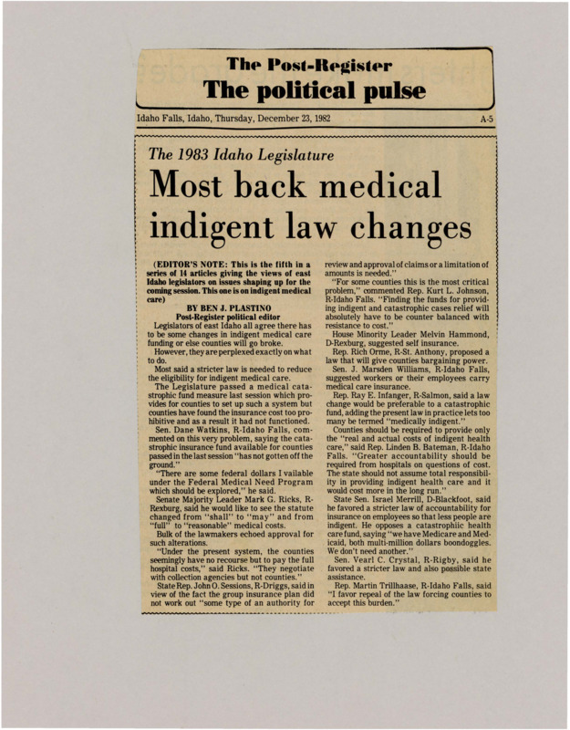 A newspaper article discussing the support for the changes to "medical indigent" health care eligibility. This change is to prevent local counties from going broke.