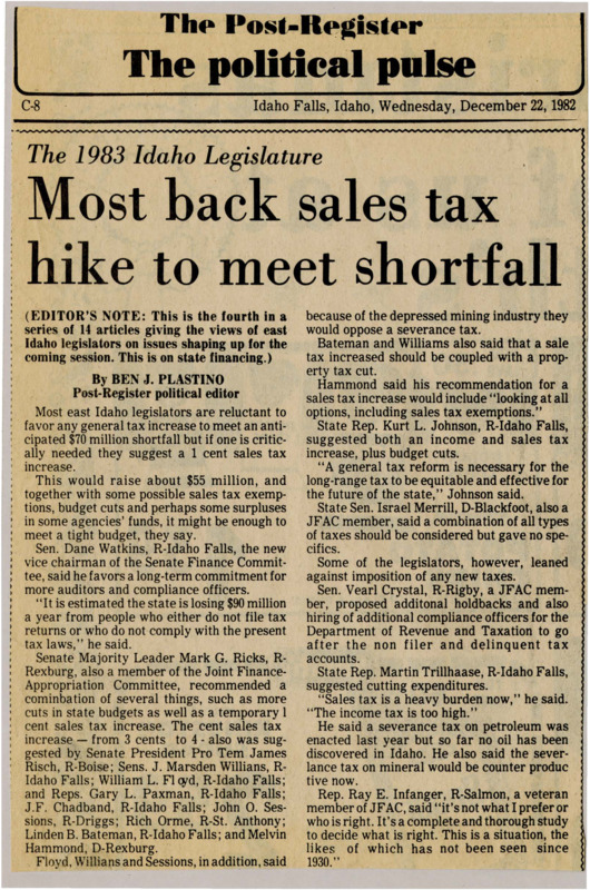 A newspaper article explaining the legislatures support of an increase in sales tax to solve the deficit. There's also dissenting legislators opinions requesting more cuts or tax relief.
