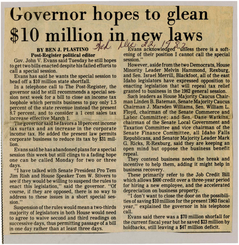 A newspaper article detailing Governor Evans tax plan to raise extra funds. He discusses raising corporate income tax and closing tax loopholes.