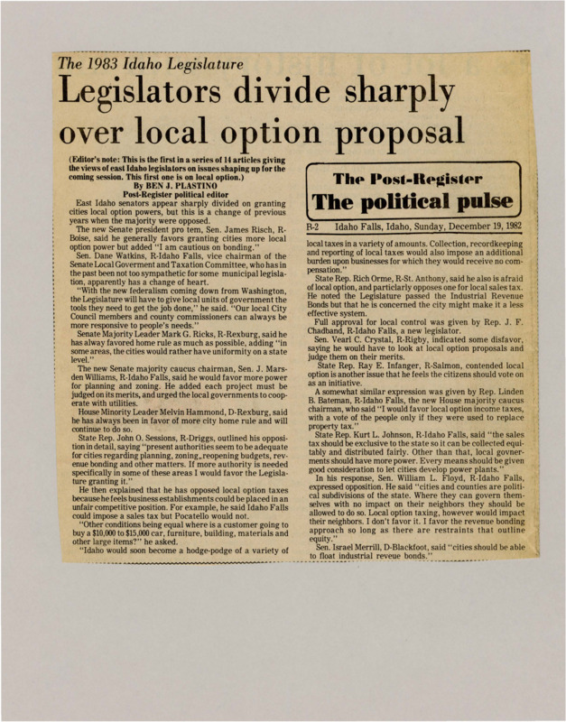 A newspaper article discussing the legislatures opinions on letting municipalities have more options. The main criticisms are whether cities should be able to bond and pass sales taxes.