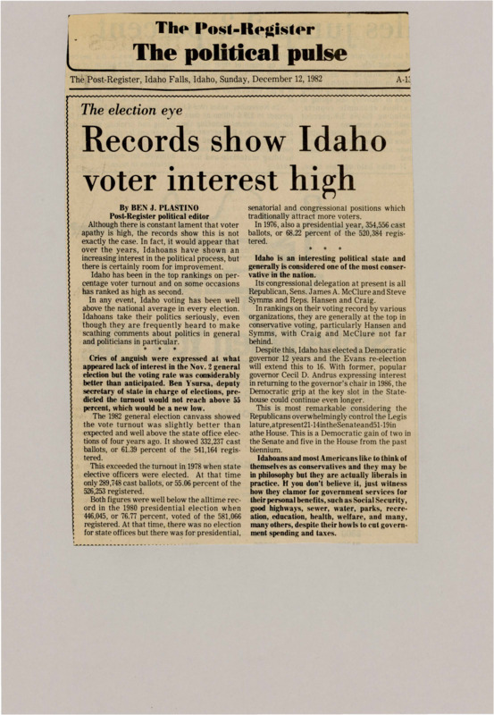 A newspaper article discussing Idaho's high voter turnout. The article also analyzes Americans possible ideological misidentification.