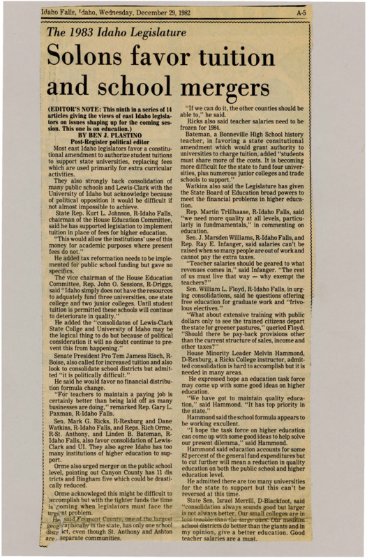 A newspaper article discussing several legislators support for consolidating some higher education as well as implementing tuition to help funding. The article discusses consolidating Lewis and Clark college with University of Idaho.
