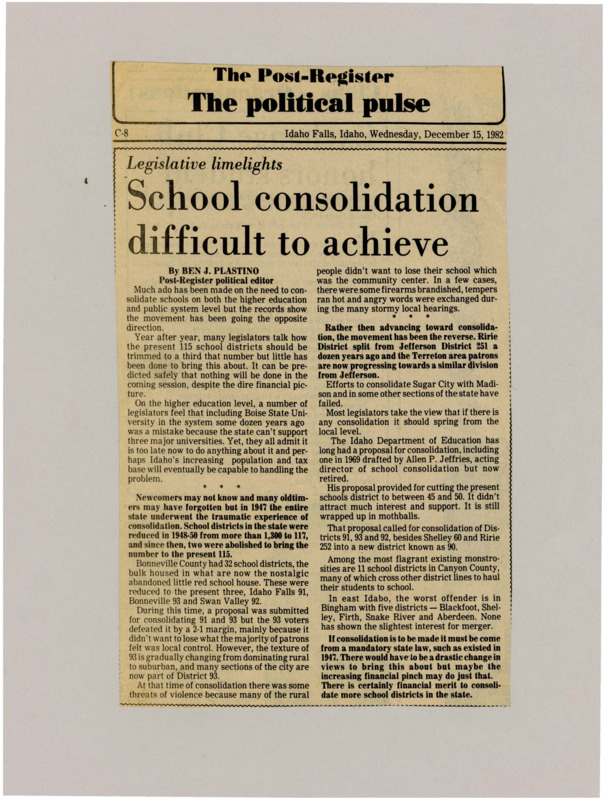 A newspaper article discussing local pushback to school consolidation. The recent push to consolidate school districts has actually been going in reverse with some school districts splitting.