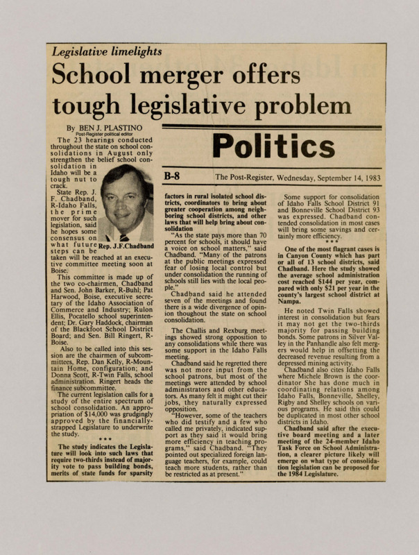 A newspaper article details Rep. Chadbands efforts to get input on locals about school consolidation to hopefully garner more support. Image labeled "Rep. J.F. Chadband."