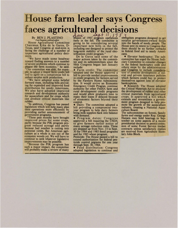 A newspaper article discussing the several agricultural related policies federally such as price stabilizations, tax credits, and research.