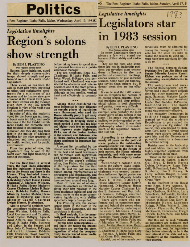 A newspaper article describing the large amount and influential positions that Eastern Idaho legislators hold in the Idaho congress. It also details the new tax increases from the budget.