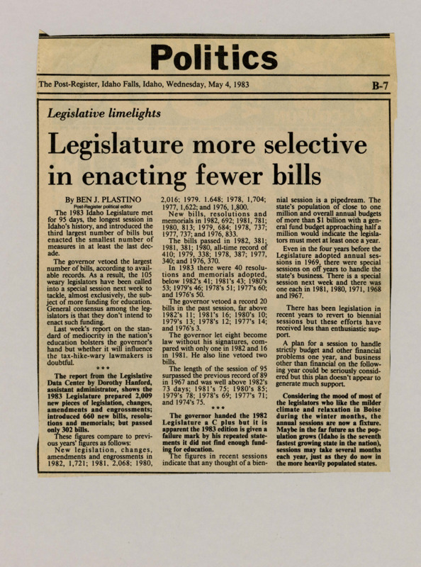 A newspaper article discussing the reduced number of bills passing through the Idaho congress. The article lists out proposed legislation over the last several years of varying types. There is also discussion of increasing the amount of sessions during the year to logistically handle the increased legislation.