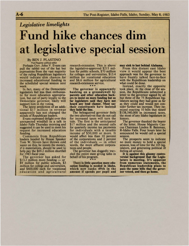 A newspaper article discussing Governor Evans hope for a funding increase for education during the special sessions. The legislators, however, do not share this belief and the chance for an increase is slim.